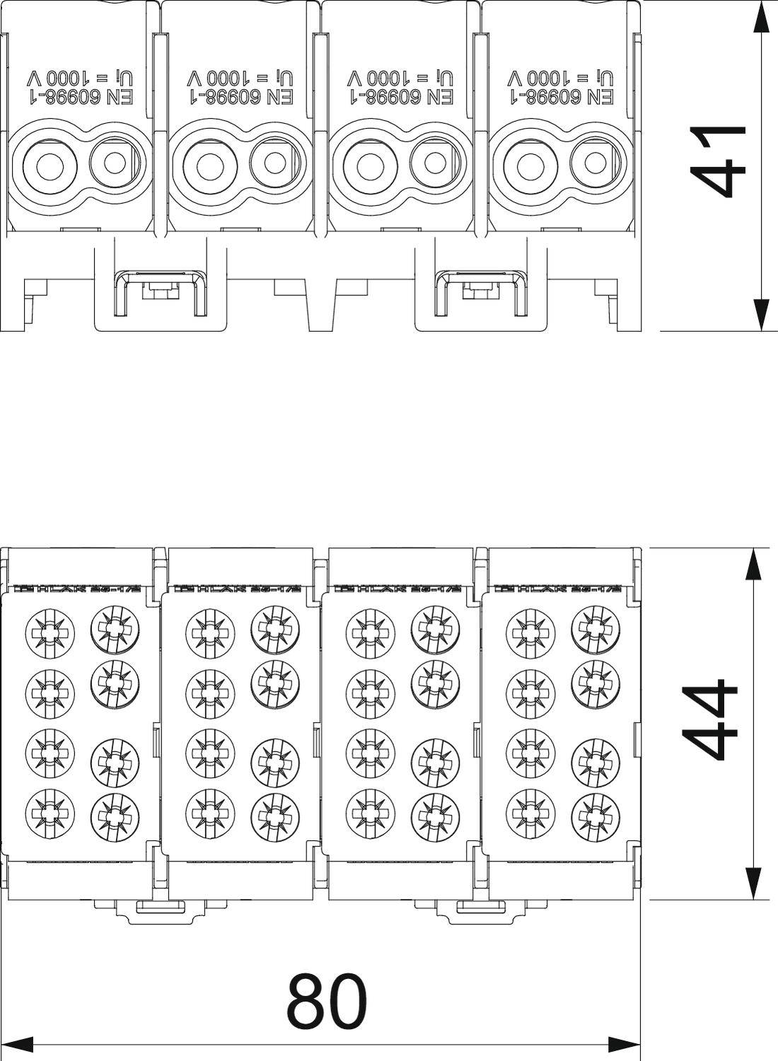 Technische Zeichnung von elektrischen Bauteilen mit Maßeinheiten: Breite 80, Höhe oben 41, Höhe unten 44.