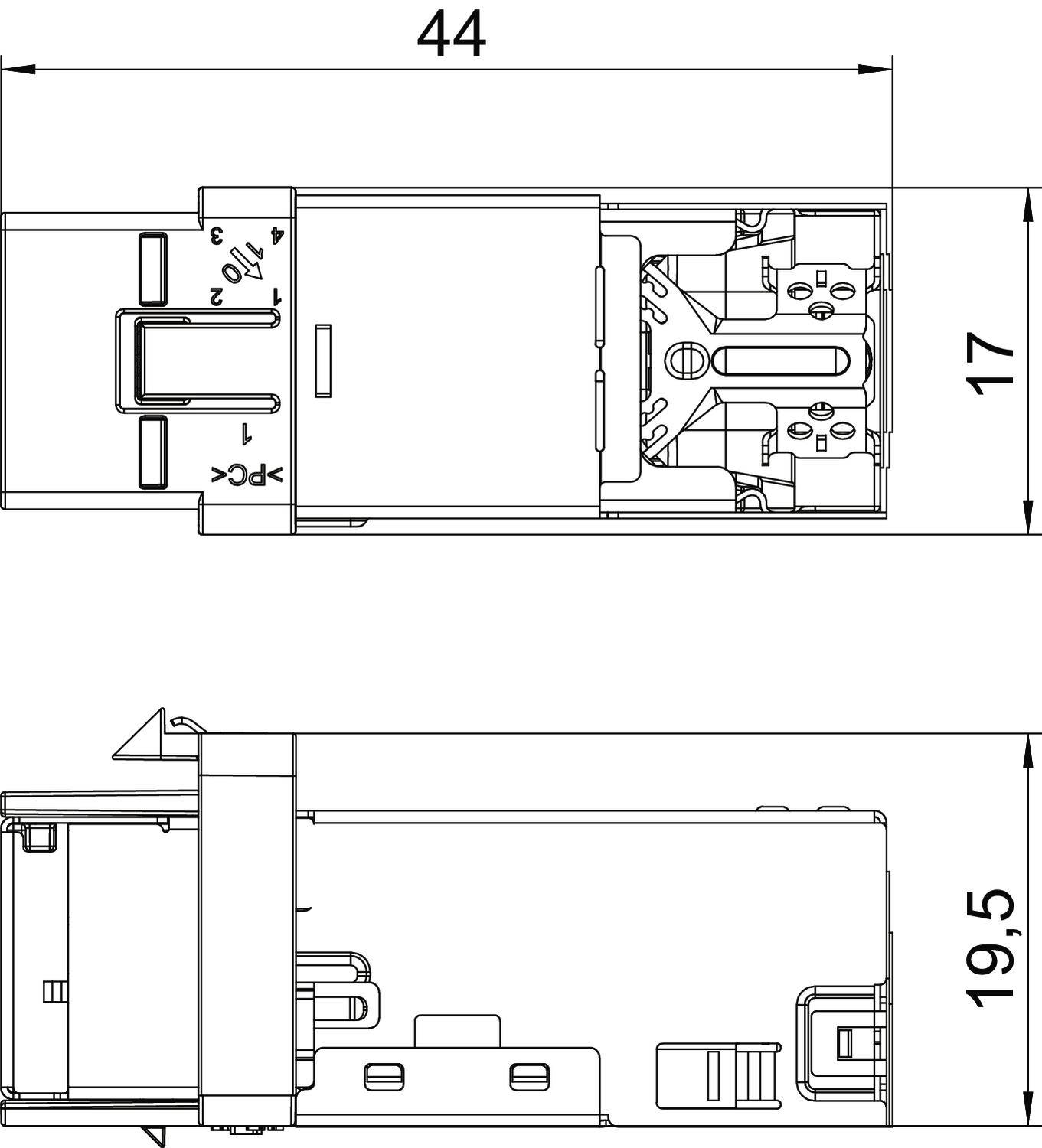 Technische Zeichnung eines rechteckigen Geräts mit Abmessungen: Breite 44 mm, Höhe 17 mm, Tiefe 19,5 mm. Zeigt interne Komponenten.