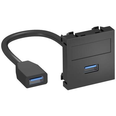 Ein schwarzes USB-Verlängerungskabel mit einem rechteckigen Anschlussmodul. Beide Anschlüsse haben blaue Einsätze.
