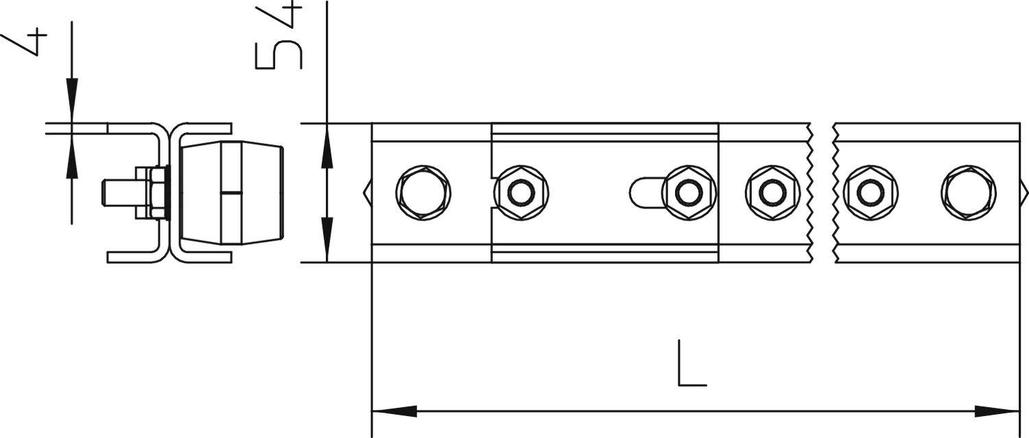 'Teknische Zeichnung von einer Bauteilaufnahme. Zeigt Maße, Bohrungen und Schraubenpositionen. Maßangaben: 54 mm Höhe, L Länge, 4 mm Breite.'