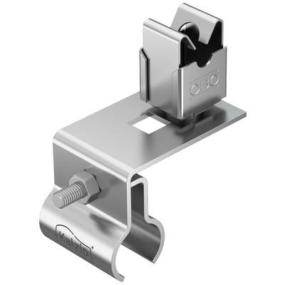 Stützklemme aus Metall, geeignet für die Montage an einem Dach, mit Bolzen und Halterung. Beschriftet mit 'Kalzip' und 'OBO'.