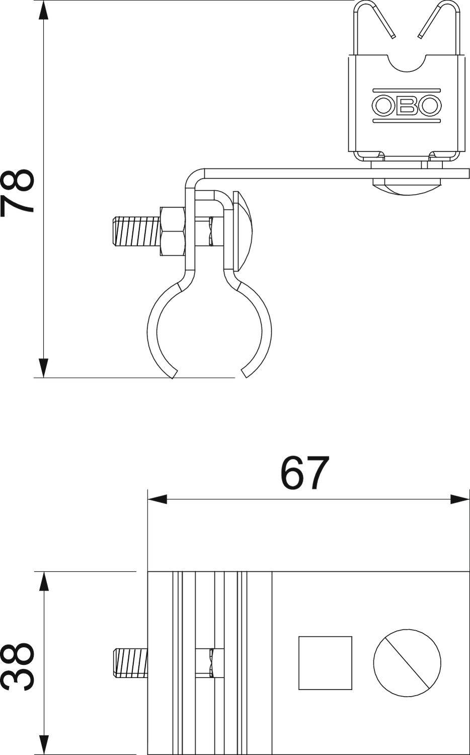Technische Zeichnung eines Rohrschellenbauteils mit Bemaßungen: Höhe 78 mm, Breite 67 mm, Tiefe 38 mm, markiert mit 'OBO'.