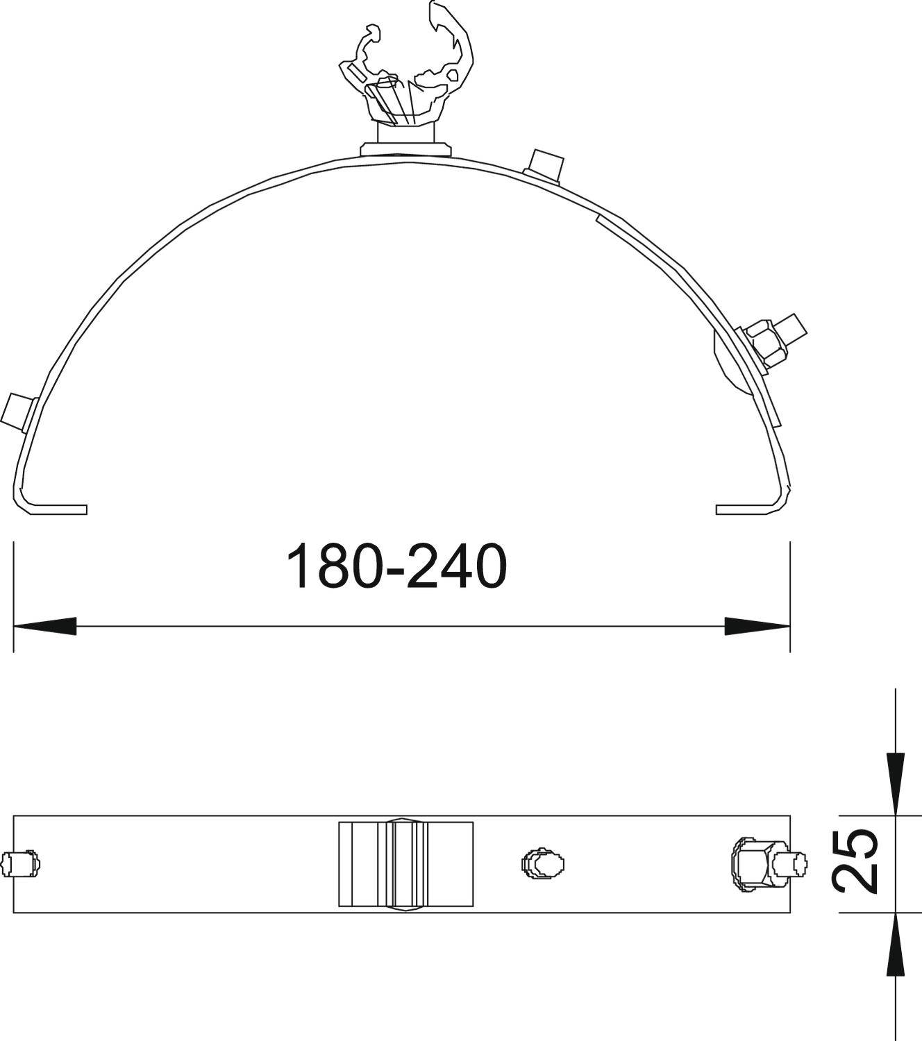Zeichnung einer Halterung mit verstellbarer Breite von 180 bis 240 mm und einer Höhe von 25 mm, mit Befestigungselementen oben.