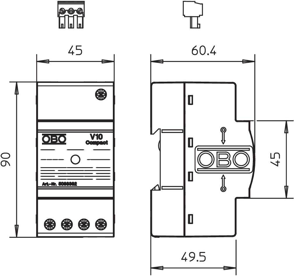 Technische Zeichnung eines elektrischen Geräts mit Abmessungen: 45x90mm und 60,4mm Tiefe. Beinhaltet Modellbezeichnung und Anschlussdetails.