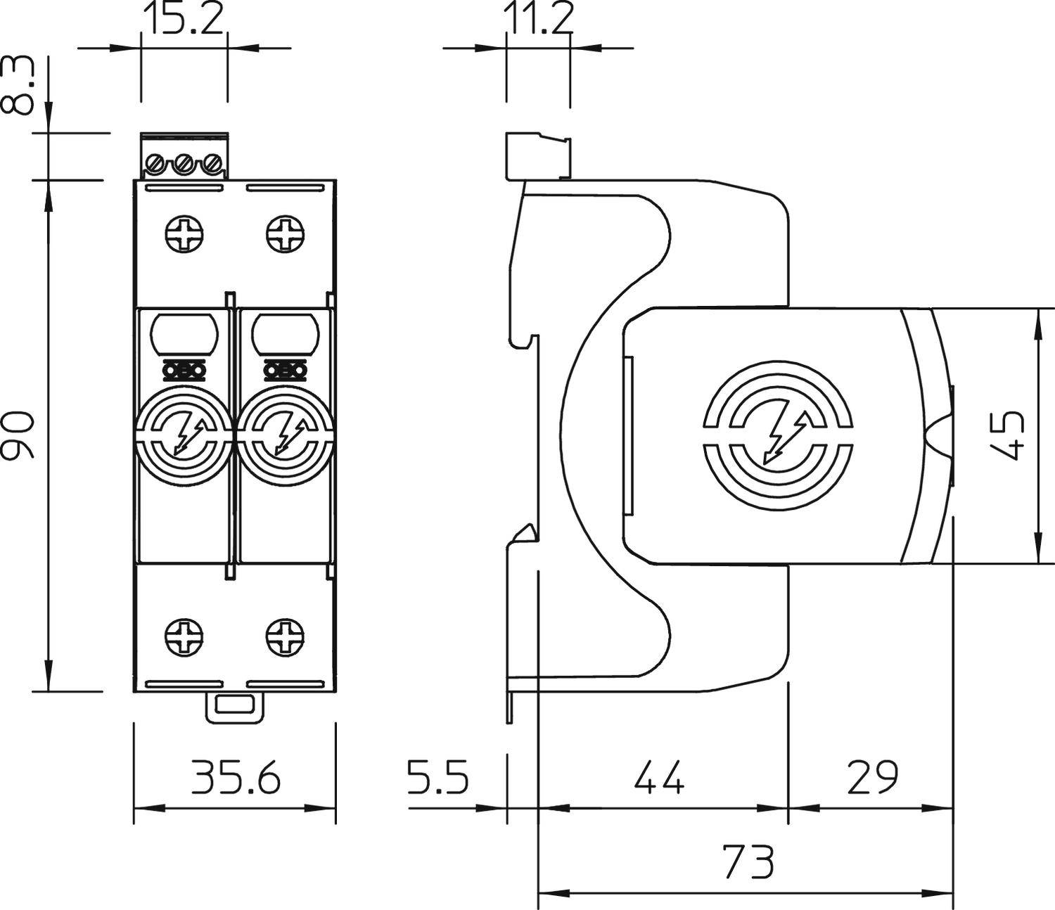 Technische Zeichnung eines elektrischen Bauteils mit Maße: Höhe 90 mm, Breite 35,6 mm, Tiefe 73 mm. Enthält Schaltzeichen.