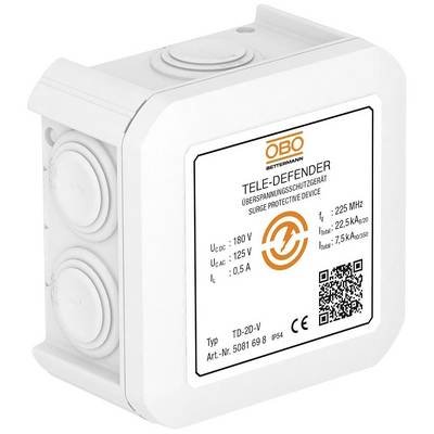 Weiße OBO Bettermann Überspannungsschutzgerät-Box mit technischen Spezifikationen auf dem Etikett, u.a. Uc: 180 V, In: 7,5 kA.