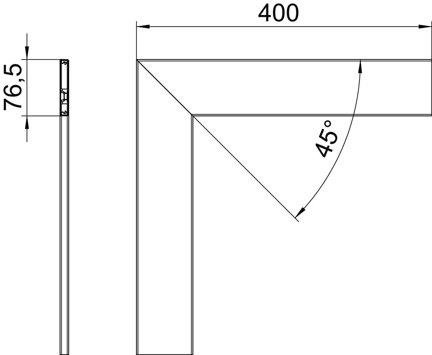Technische Zeichnung eines L-förmigen Bauteils: Horizontale von 400 mm, vertikale Höhe 76,5 mm, Winkel bei der Kante 45 Grad.
