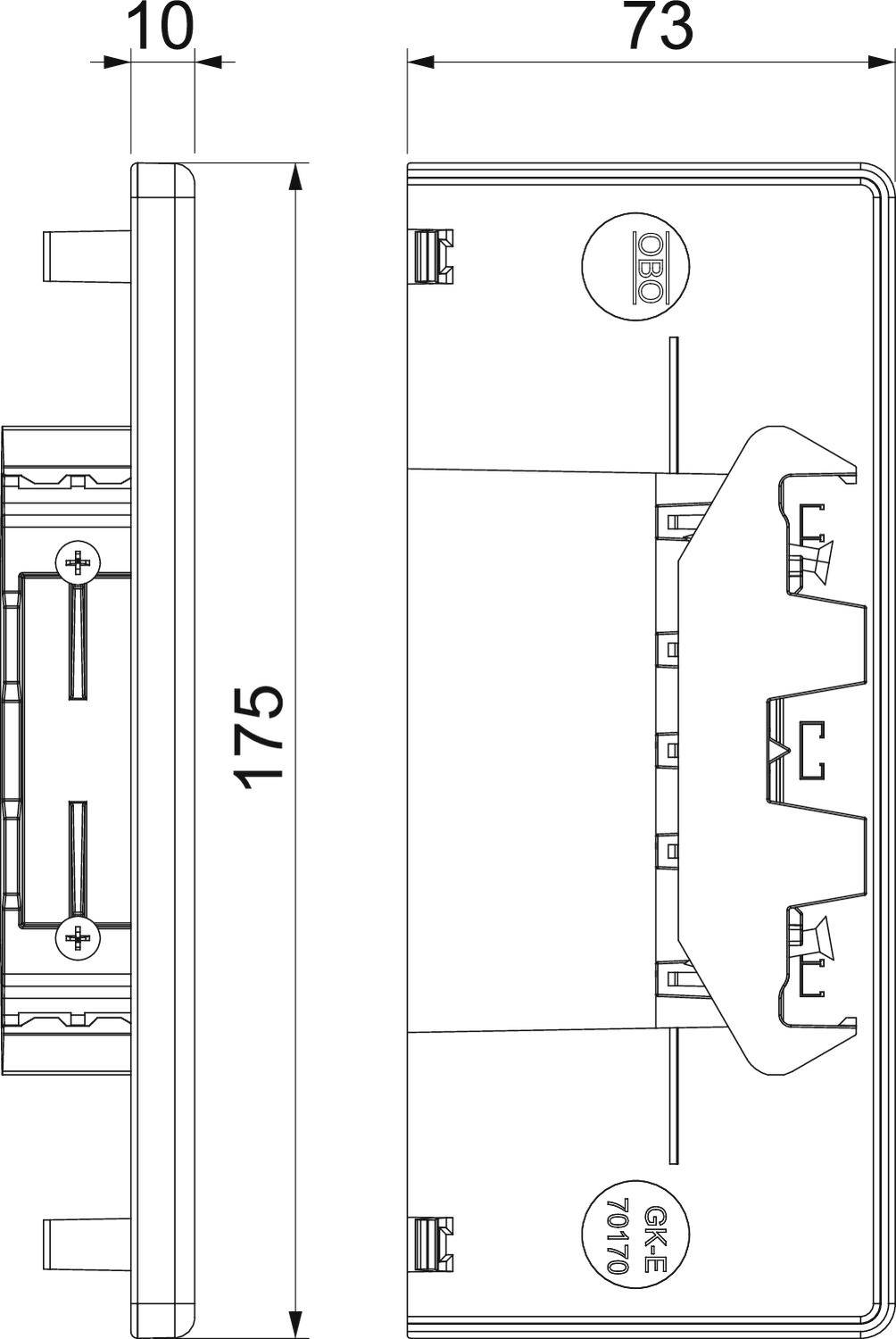 'Technische Zeichnung eines rechteckigen Geräts im Querformat, mit Maßen von 175mm Höhe und 73mm Breite. Beschriftungen: GKE 70710.'