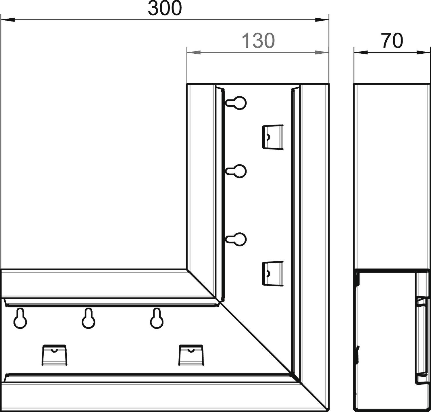 Technische Zeichnung eines L-förmigen Objekts mit Maßen: 300 mm horizontal, 130 mm vertikal, 70 mm tief. Schraubenlöcher sichtbar.