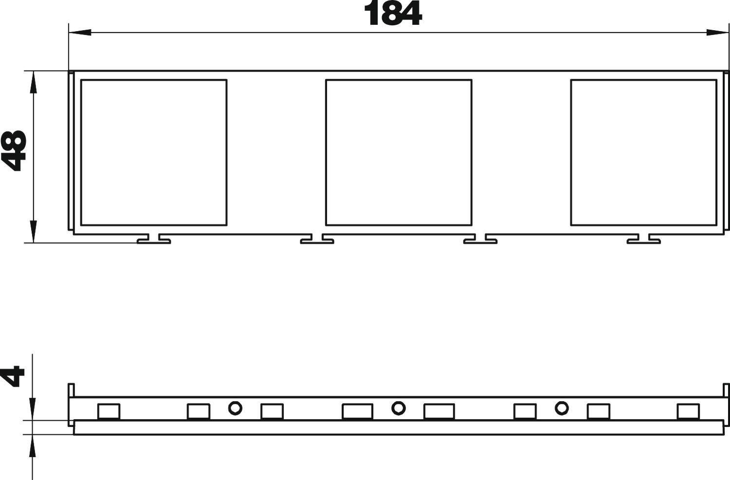 Technische Zeichnung eines rechteckigen Bauteils mit drei quadratischen Öffnungen, Maße: 184x48x4. Draufsicht und Seitenansicht.