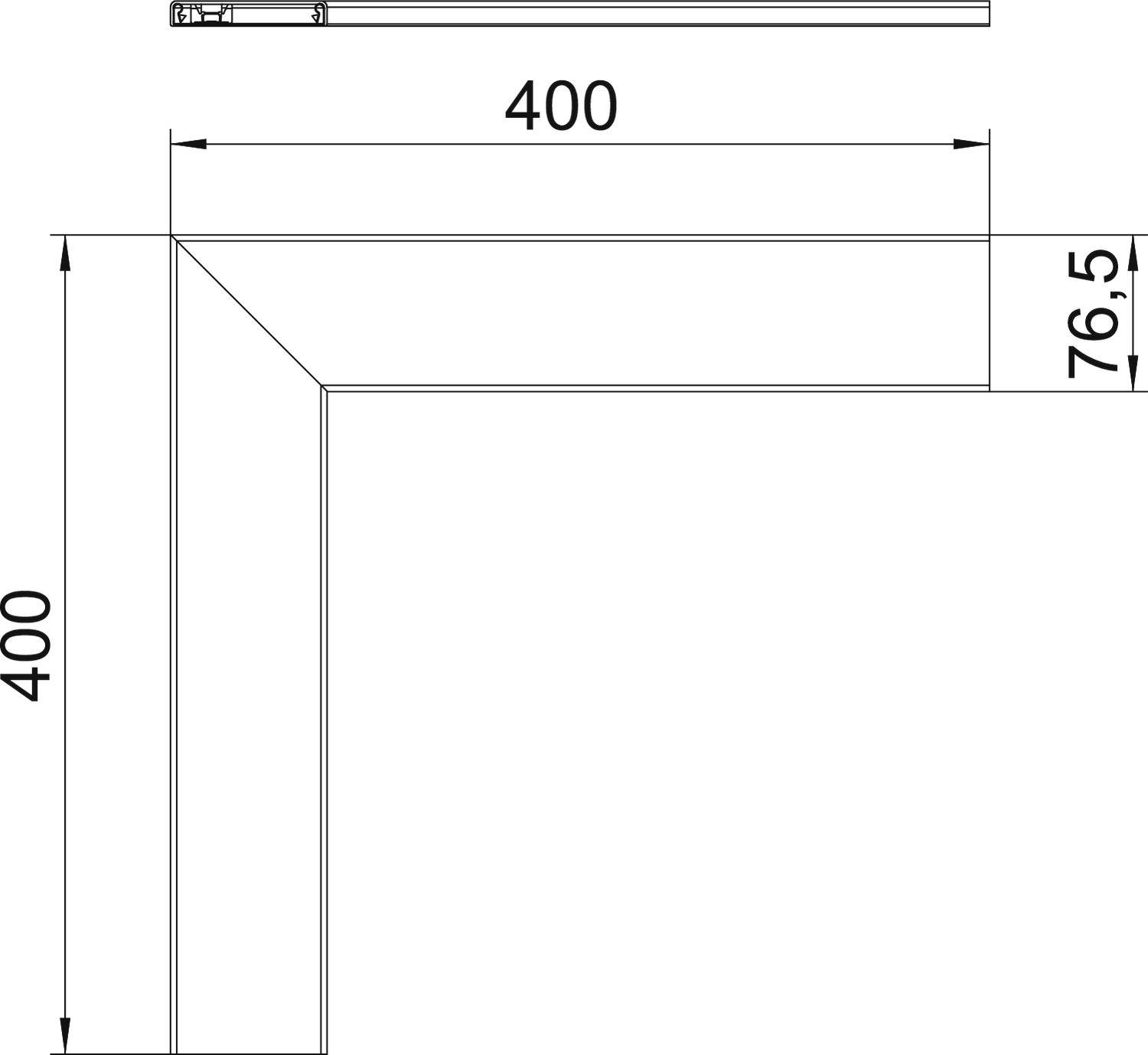Technische Zeichnung eines L-förmigen Winkels; beide Schenkel 400 mm, Breite 76,5 mm.
