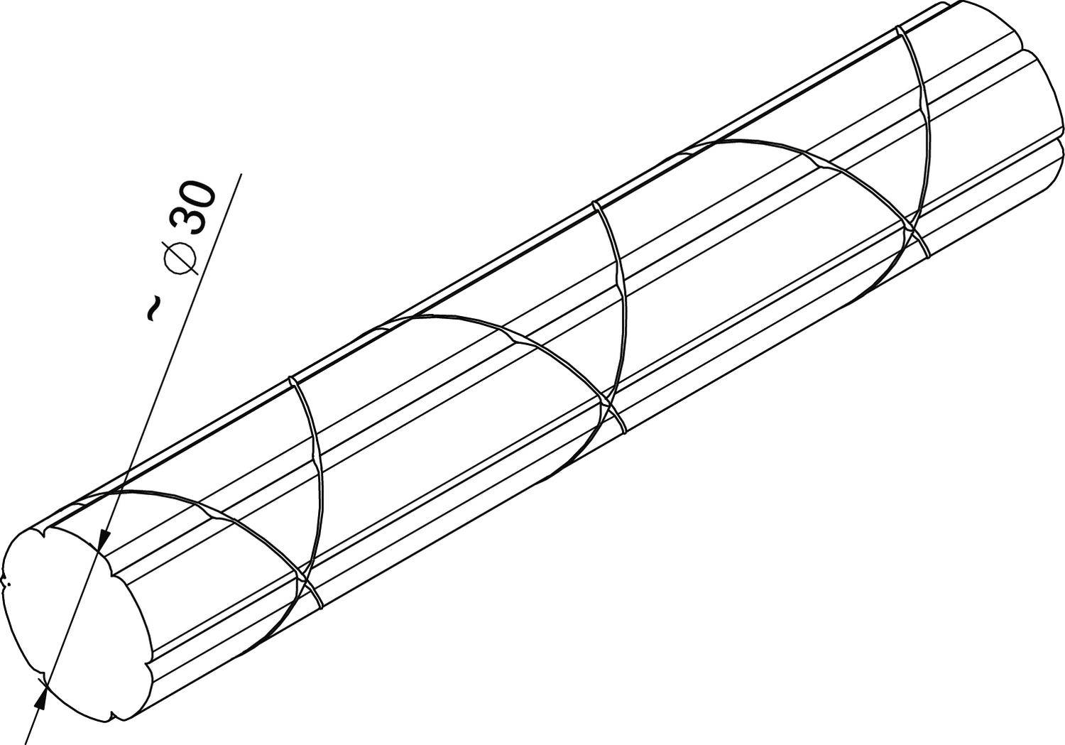 Isometrische Zeichnung eines Stabes mit spiralförmigen Einkerbungen; Durchmesser etwa 30 mm.