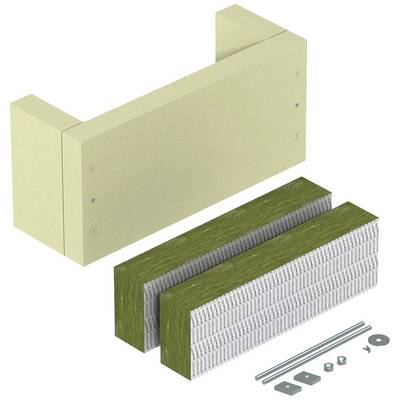 Montageanleitung für einen Winkeleinbausatz; zeigt Gehäuseteile, Isoliermaterial, Schrauben und Befestigungselemente.