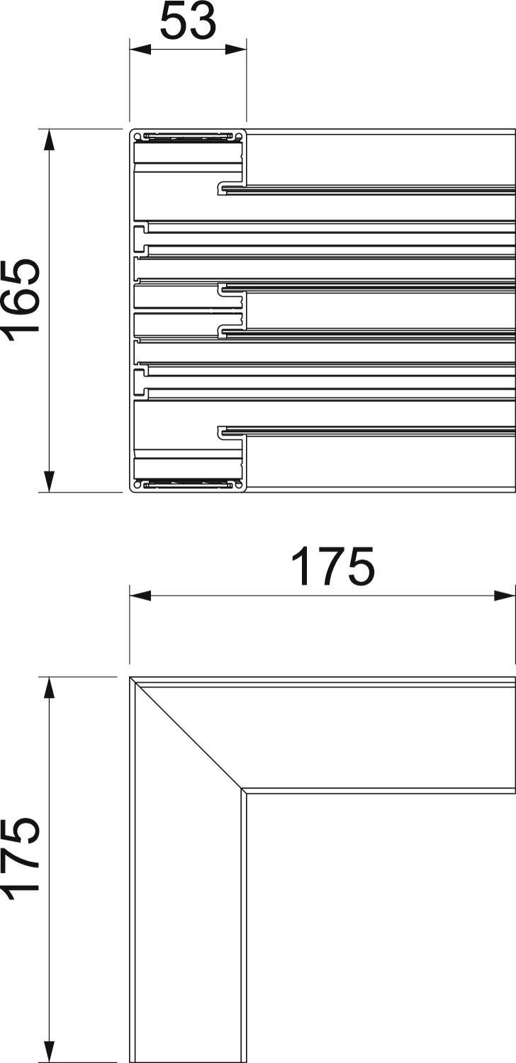 Technische Zeichnung eines rechteckigen Rahmenprofils mit Abmessungen: Breite 53 mm, Höhe 165 mm, Gesamtgröße 175 x 175 mm.