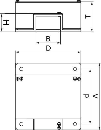 Technische Zeichnung einer rechteckigen Metallhalterung mit Maßen: Höhe H, Breite B, Tiefe T, Gesamtlänge D und Gesamthöhe A.