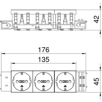 Technische Zeichnung einer Steckdosenleiste mit drei Steckdosen. Maße: Breite 176 mm, Tiefe 45 mm, Höhe 42 mm.