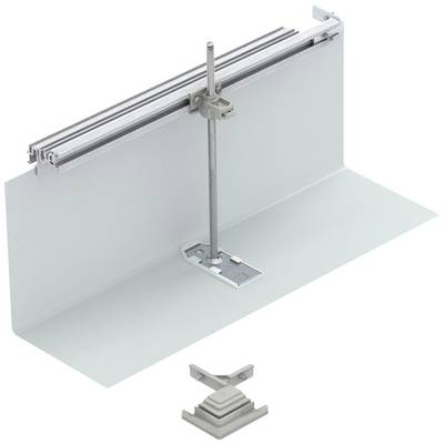 Ein Montagesystem mit verstellbarer Schraube und Schiene, im Hintergrund weiß, darauf ein kleiner Sockel zum Stabilisieren von Materialien.