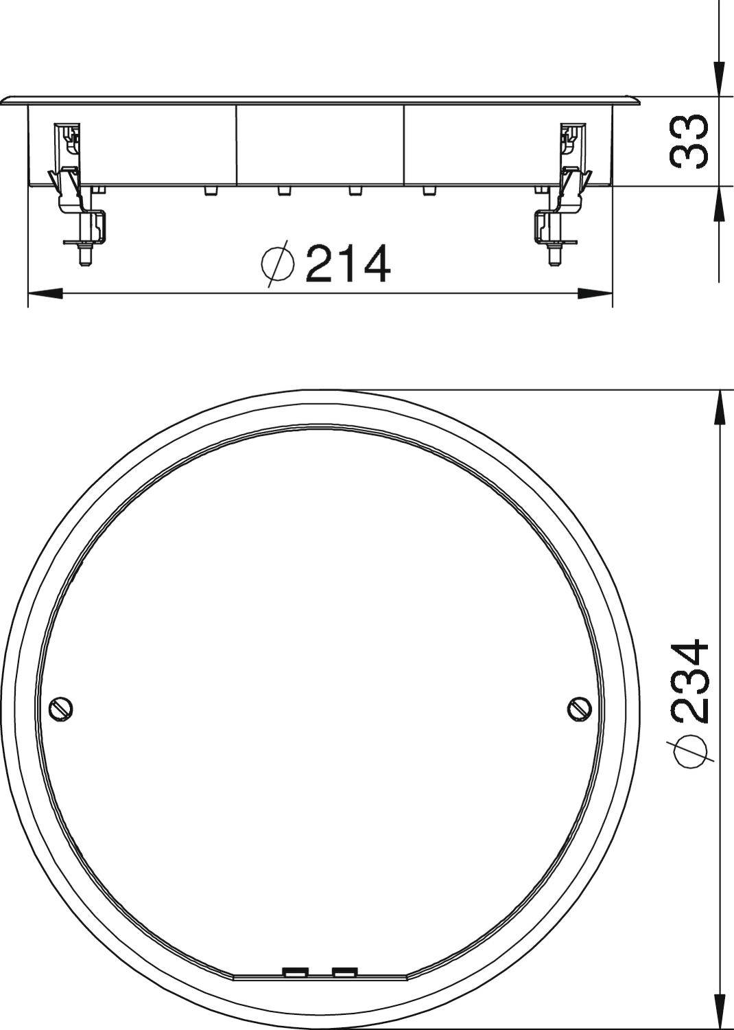 Technische Zeichnung eines runden Lautsprechers mit Montageabmessungen: Durchmesser 214 mm, Einbautiefe 33 mm, Gesamtgröße 234 mm.