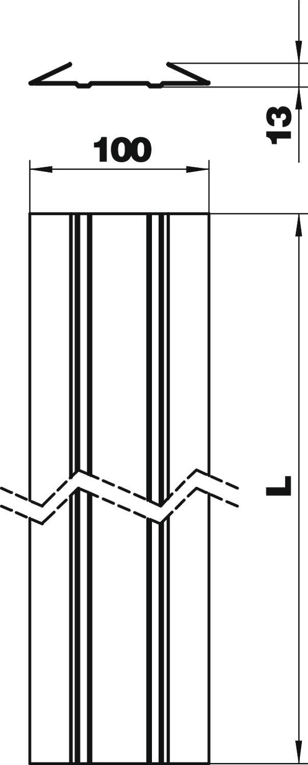 Technische Zeichnung eines Metallprofils mit Querschnitt und Abmessungen: Breite 100 mm, Höhe 13 mm, Länge L.