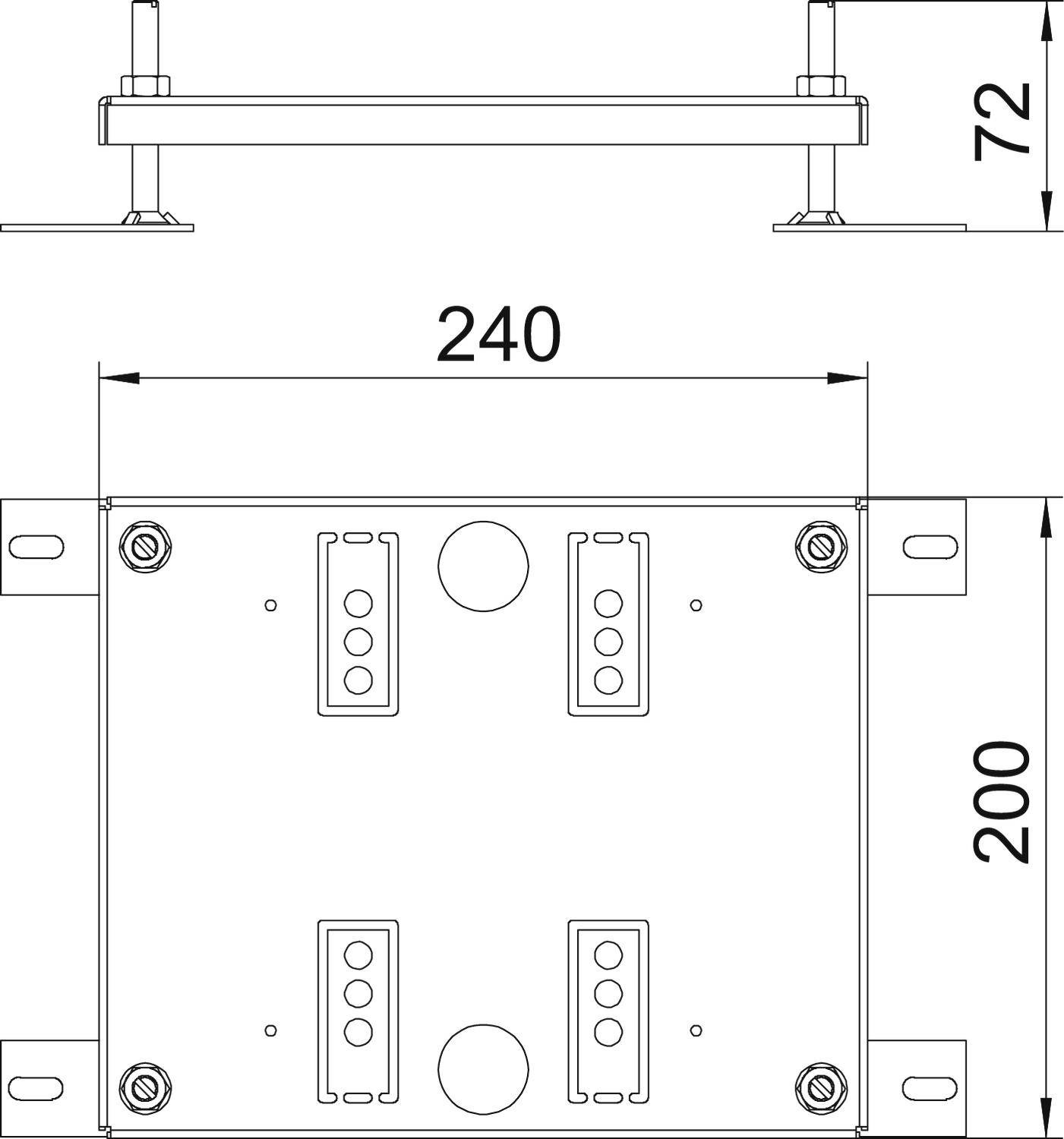 Technische Zeichnung eines rechteckigen Metallgehäuses, 240 mm breit, 200 mm hoch, mit Bohrungen und Halterungen an den Seiten.