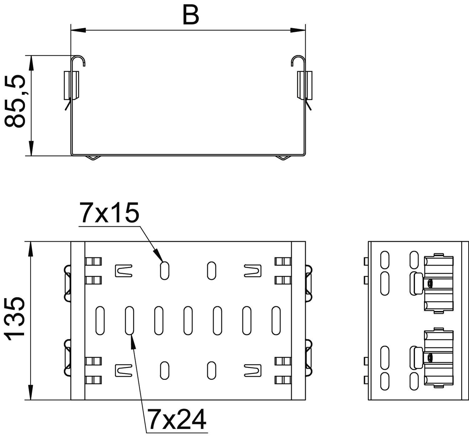 Technische Zeichnung eines rechteckigen Bauteils mit Maßen: Breite B, Höhe 85,5 mm, Länge 135 mm. Lochanordnung 7x15 und 7x24.