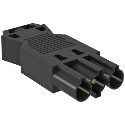 Schwarzer elektrischer Stecker mit drei runden Pins und geripptem Griff, geeignet für industrielle oder technische Anwendungen.
