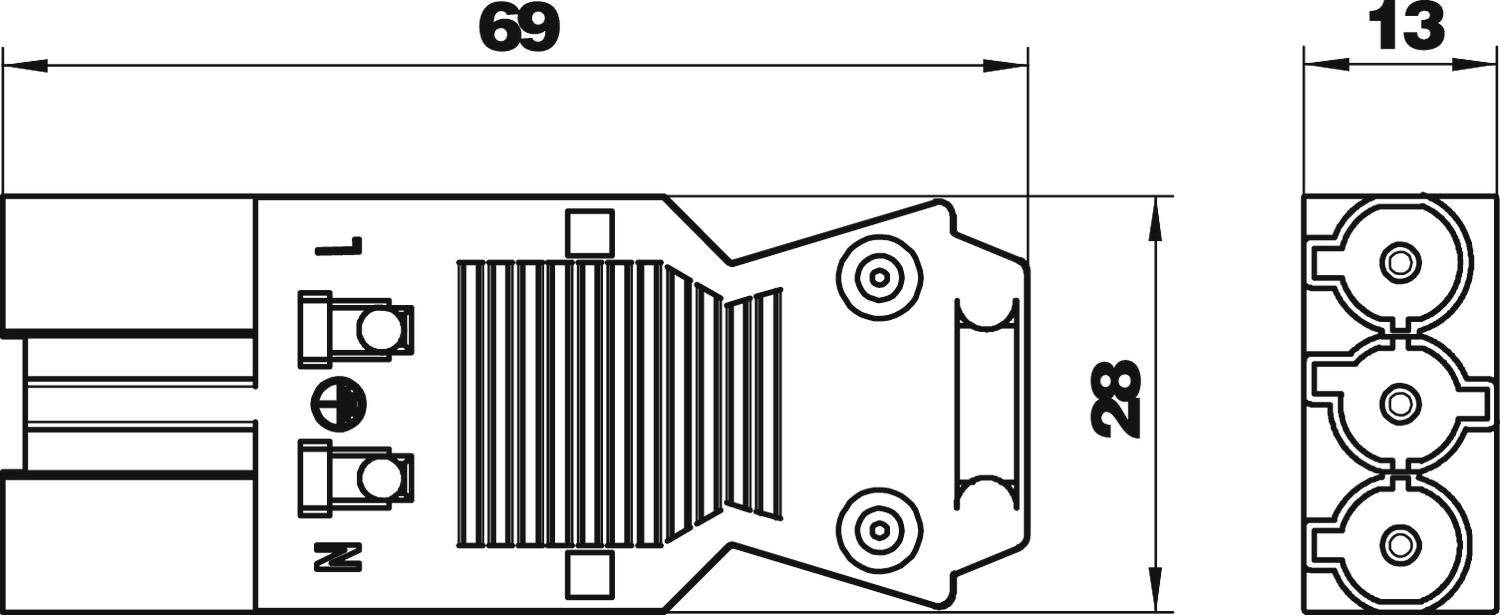 Technische Zeichnung eines Kabelverbinders mit Maßen: Länge 69 mm, Breite 13 mm, und Höhe 28 mm. Kontakte sind mit 'L', 'N' beschriftet.