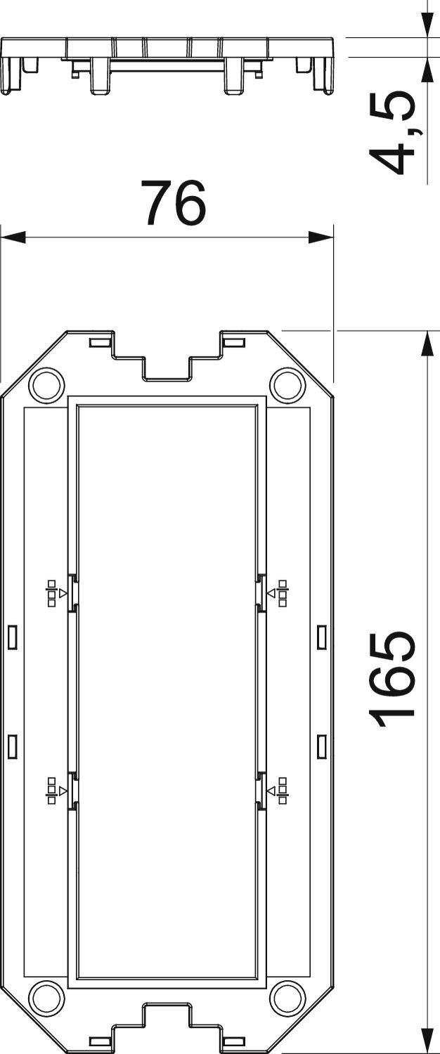 Technische Zeichnung eines rechteckigen Bauteils mit den Maßen 76 mm Breite und 165 mm Länge. Höhe wird mit 4,5 mm angegeben.