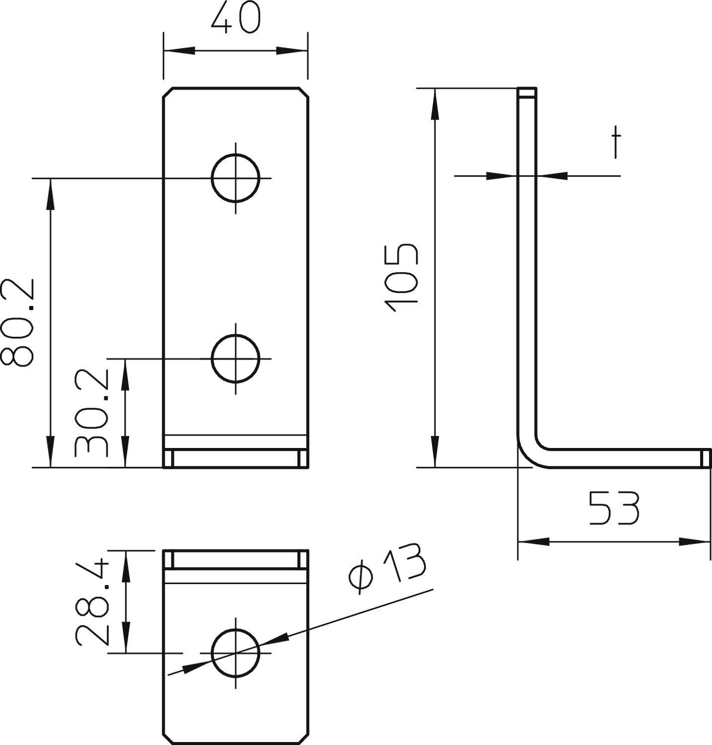 Technische Zeichnung eines Winkelprofils mit Maßen: 40 mm Breite, 80,2 mm Höhe, 105 mm Länge. Lochdurchmesser 13 mm.