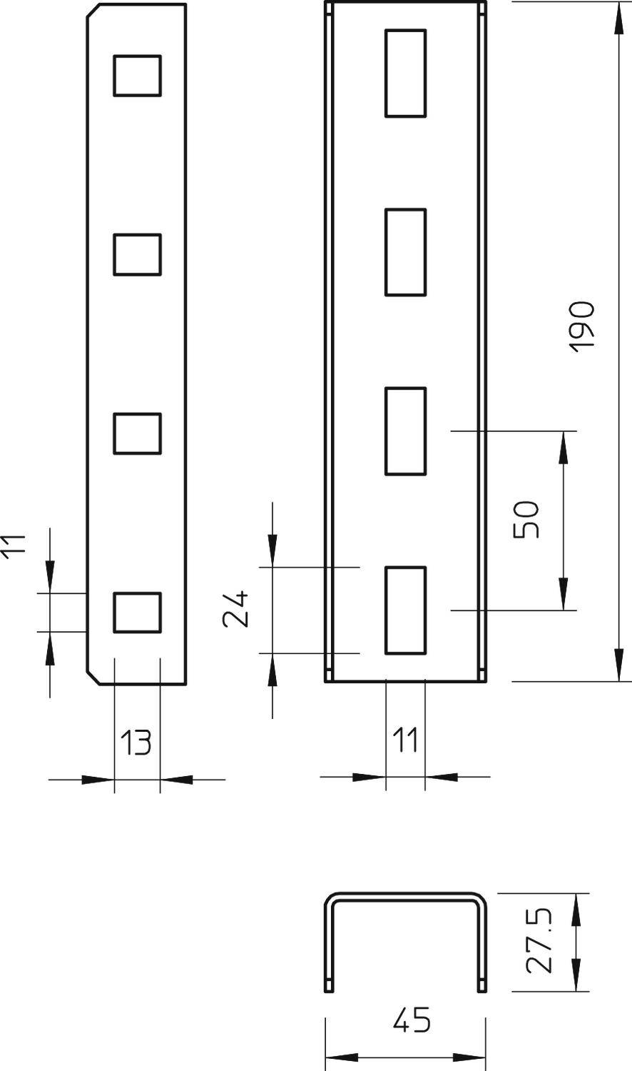 Technische Zeichnung eines U-förmigen Metallprofils mit Maßen: 190mm Länge, 27,5mm Höhe, 45mm Breite. Quadratische Ausschnitte.