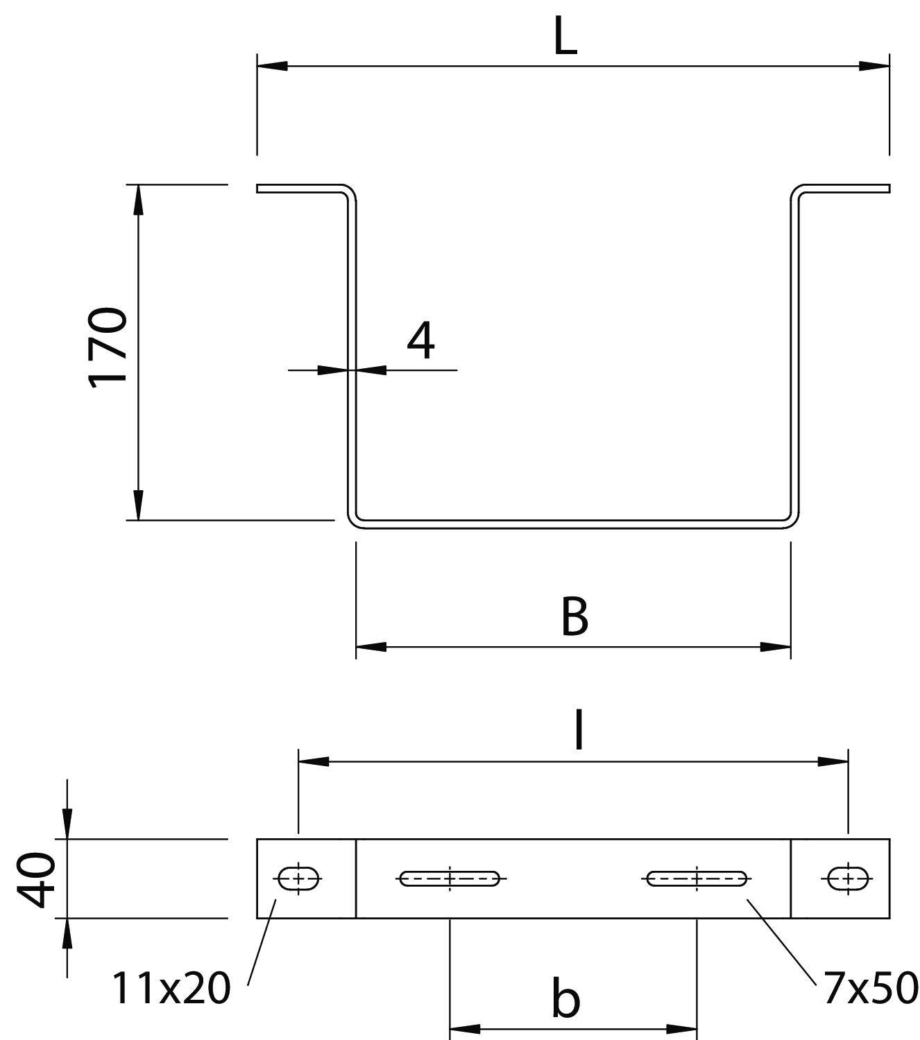 Technische Zeichnung eines U-förmigen Metallprofils: Höhe 170 mm, Wandstärke 4 mm, Breite B, Länge L. Unterseite mit Bohrungen 7x50, 11x20.