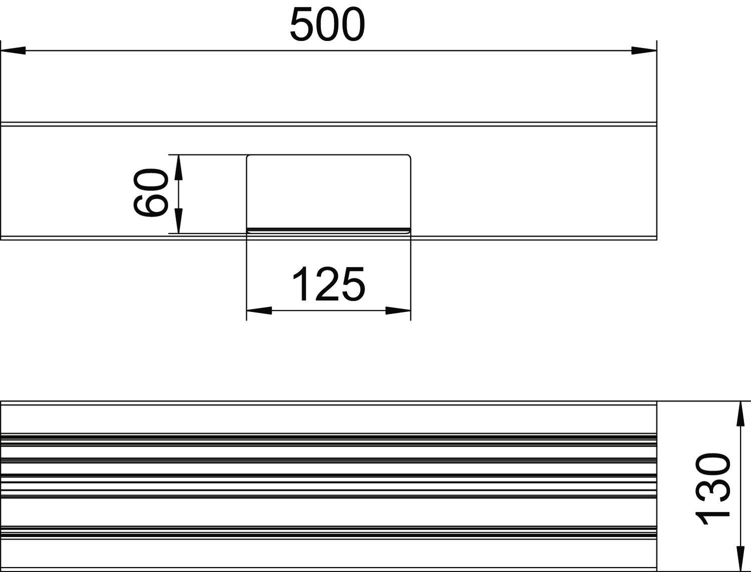 Technische Zeichnung eines rechteckigen Objekts mit Maßen: Länge 500, Breite 60, Höhe 130. Ein Ausschnitt hat Maße 125 x 60.