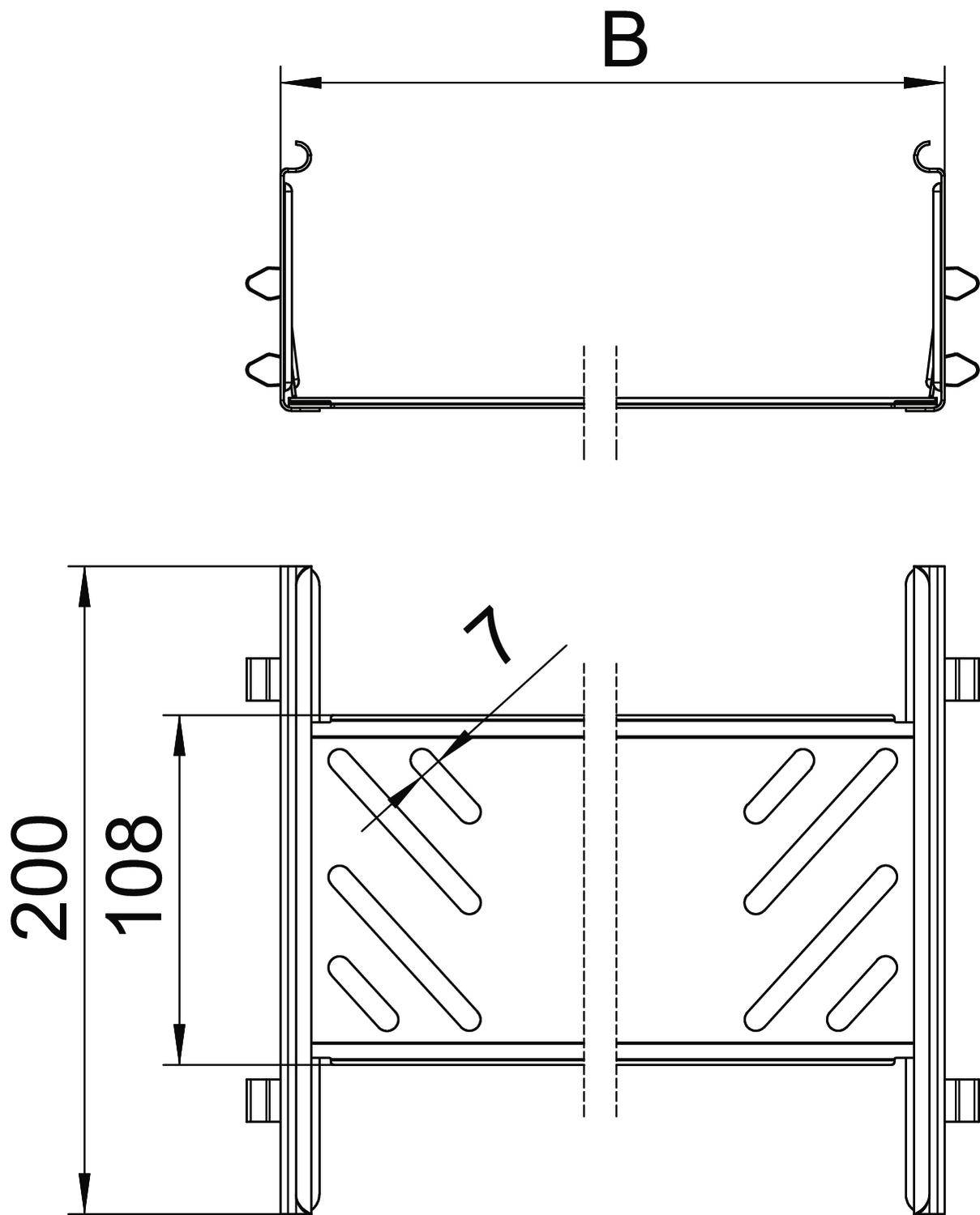 'Technische Zeichnung eines rechteckigen Bauteils mit Bohrungen. Maße: Breite B, Höhe 200 und eine interne Distanz von 108 mm.'