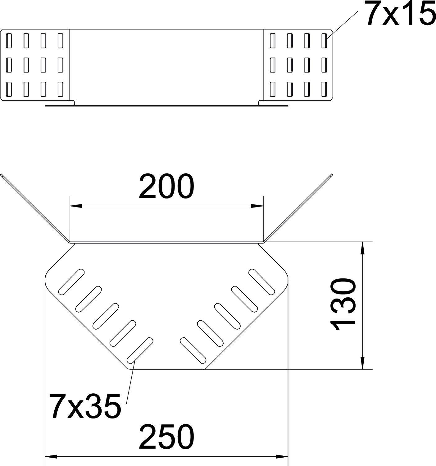 Technische Zeichnung eines Metallwinkels. Oberseite mit 7x15 Löchern, Vorderansicht mit 7x35 Löchern. Maße: 200x250x130 mm.
