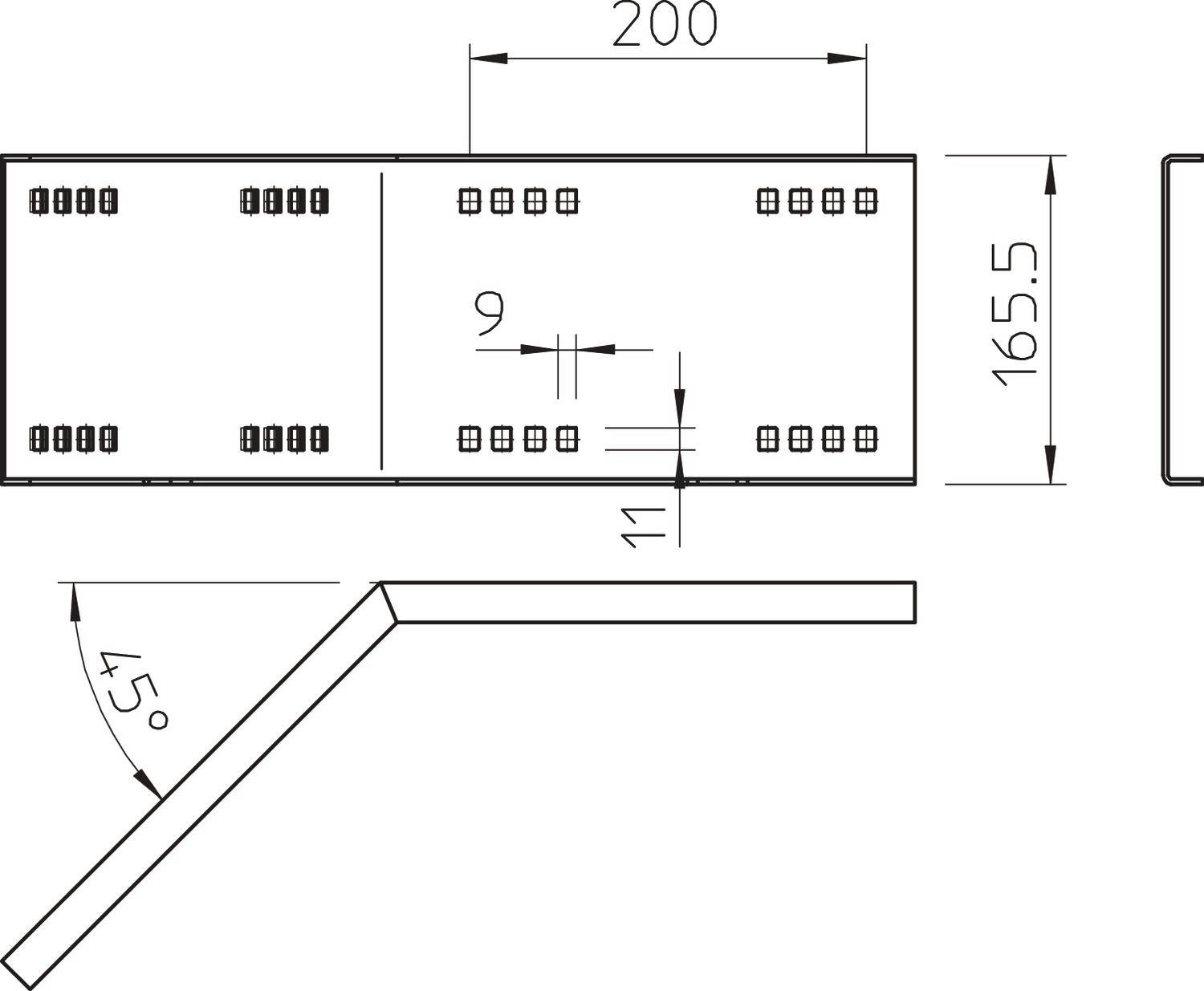 Technische Zeichnung eines Metallwinkels mit Bemaßungen: Länge 200 mm, Breite 165,5 mm, Winkeleinstellung 45 Grad, Bohrlochabstand 9 mm.