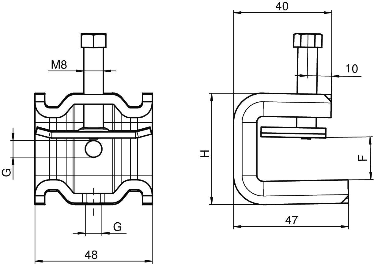 Technische Zeichnung eines U-förmigen Halters mit Schraube M8, Maße: 48x47 mm, Breite G, Höhe H, Abstand F dargestellt.