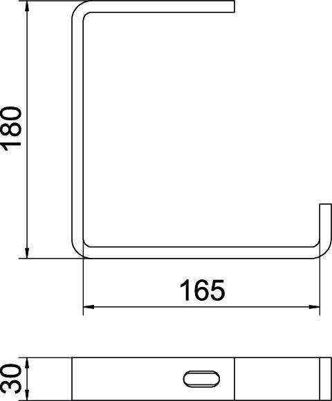 Technische Zeichnung eines L-förmigen Metallbügels. Vertikale Länge 180 mm, horizontale Länge 165 mm. Seitenansicht zeigt 30 mm Breite.