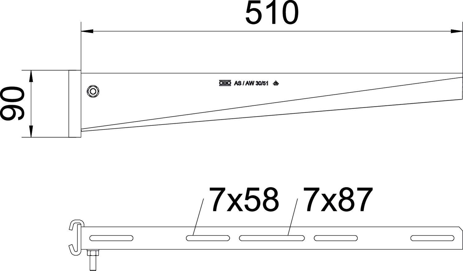 Technische Zeichnung eines Haltearms mit den Maßen 510 mm Länge und 90 mm Höhe. Die Löcher sind 7x58 und 7x87 mm groß.