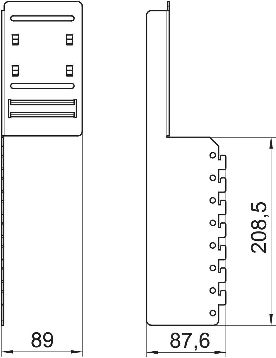 Technische Zeichnung eines Bauteils mit Maßen: Breite 89, Tiefe 87,6 und Höhe 208,5. Zeigt Vorder- und Seitenansicht.