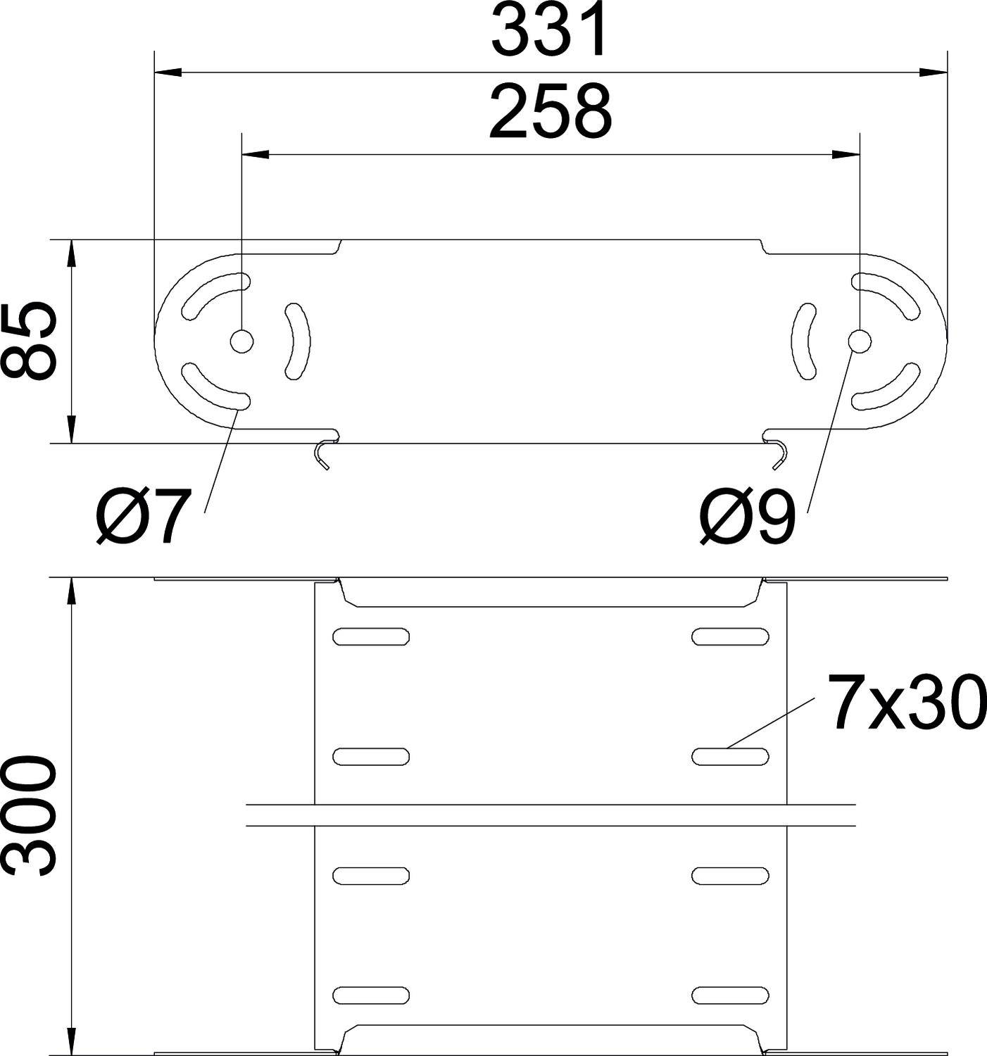 'Technische Zeichnung eines Metallprofils mit Abmessungen: 331 mm Länge, 85 mm Höhe, 300 mm Breite. Bohrungen Ø7 mm und Ø9 mm, Schlitz 7x30 mm.'