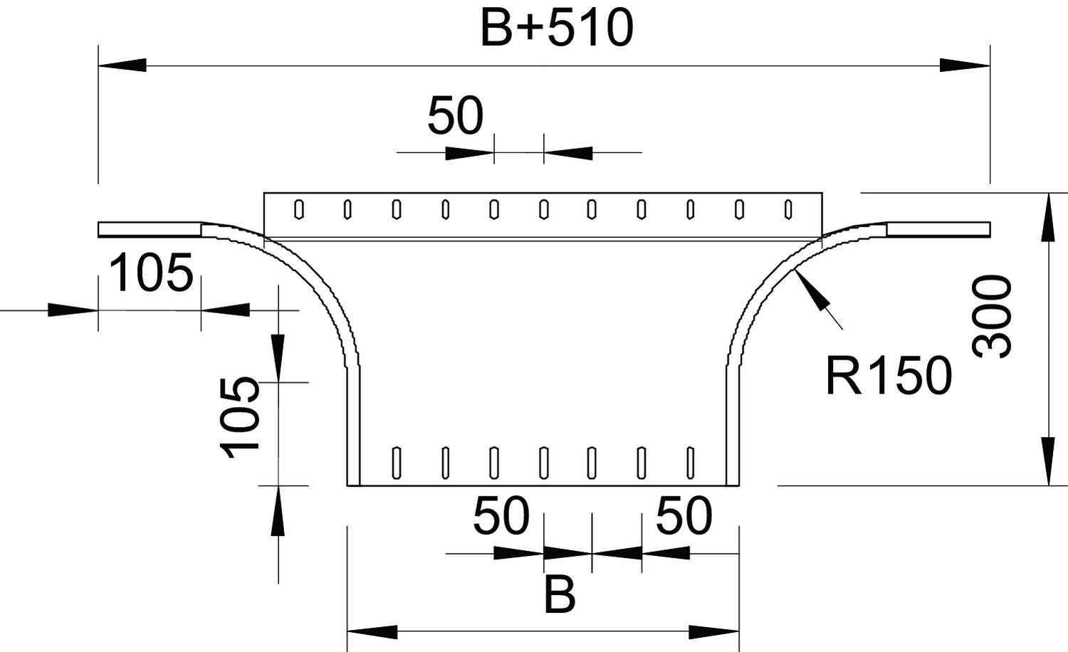 Technische Zeichnung eines Stahlträgers mit Bemaßungen: Breite B+510 mm, Höhe 300 mm, Radius R150 mm, seitliche Abstände 105 mm und 50 mm.
