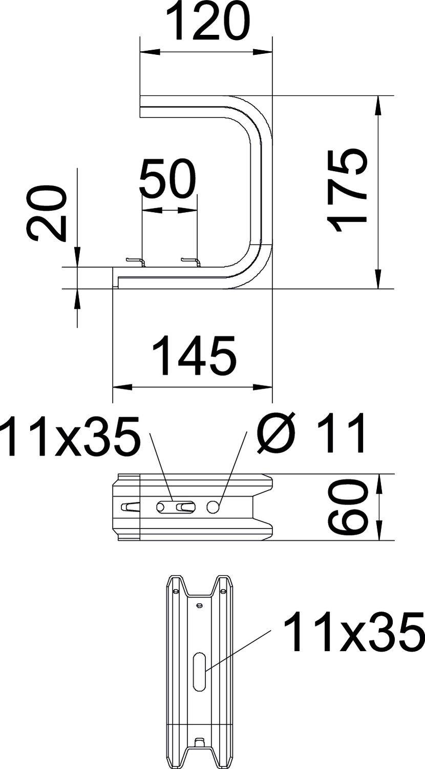 Technische Zeichnung eines U-förmigen Metallteils mit Bemaßungen: Höhe 175 mm, Breite 120 mm, Tiefe 145 mm. Schraubenlöcher Ø 11 mm.