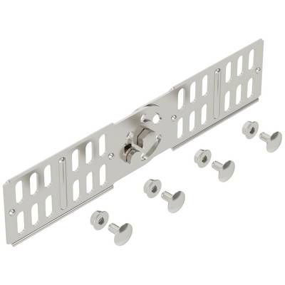 Metallische Montageplatte mit mehreren rechteckigen Löchern und zentralem Verriegelungsmechanismus, umgeben von sechs Schrauben.