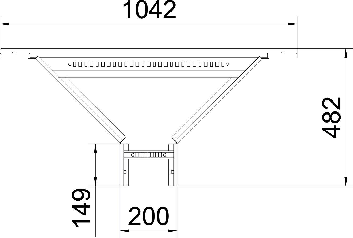 Technische Zeichnung einer Struktur mit den Maßen 1042 x 482 mm Gesamthöhe, 149 mm und 200 mm für die Basisbreite.