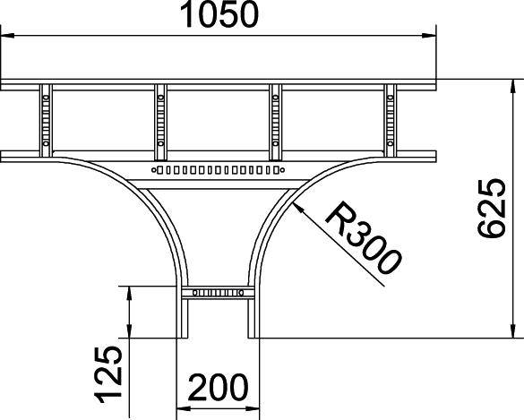 Technische Zeichnung eines T-Stücks aus Metall mit Maßen: Gesamtbreite 1050 mm, Höhe 625 mm. Radius des Bogens R300, andere Maße 125 mm und 200 mm.