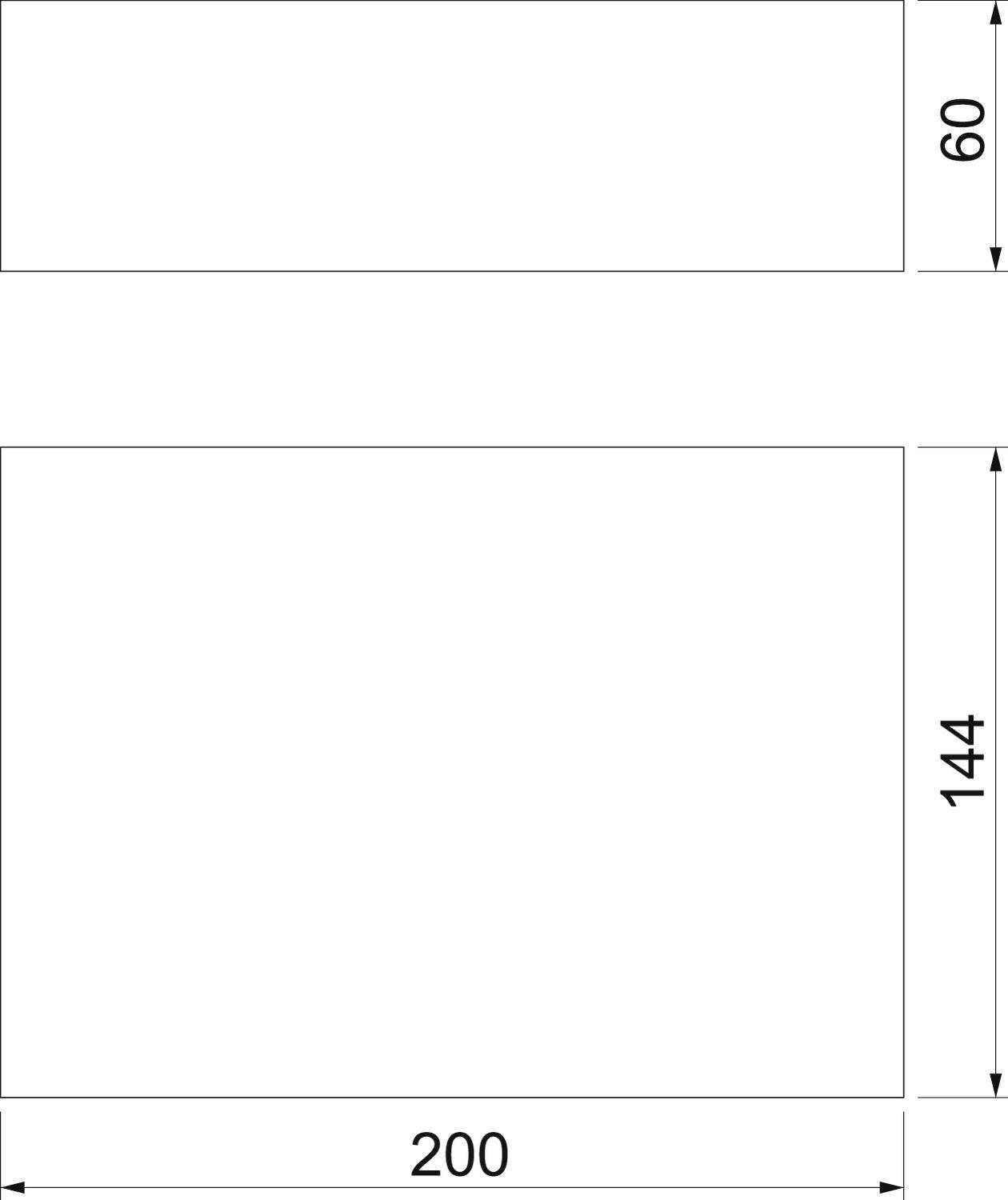 Zwei Rechtecke, eins über dem anderen. Das obere hat die Maße 200 x 60, das untere 200 x 144. Beide sind weiß mit schwarzen Rändern.
