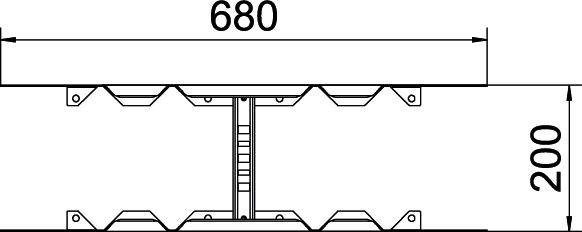 Schematische Darstellung eines Querschnitts: zwei parallele Träger, verbunden, mit Abmessungen 680 mm Breite und 200 mm Höhe.