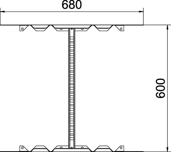 Zeichnung eines Metallprofils mit Maßen: 680 mm Breite und 600 mm Höhe. Zeigt die Struktur und Befestigungspunkte des Profils.