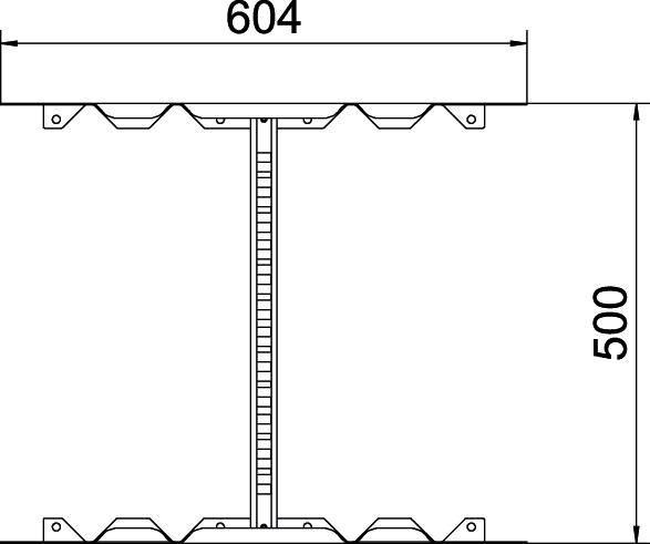 Diagramm zeigt Querschnitt einer Struktur mit Maßen: Breite 604 mm, Höhe 500 mm; Details der internen Konstruktion sichtbar.