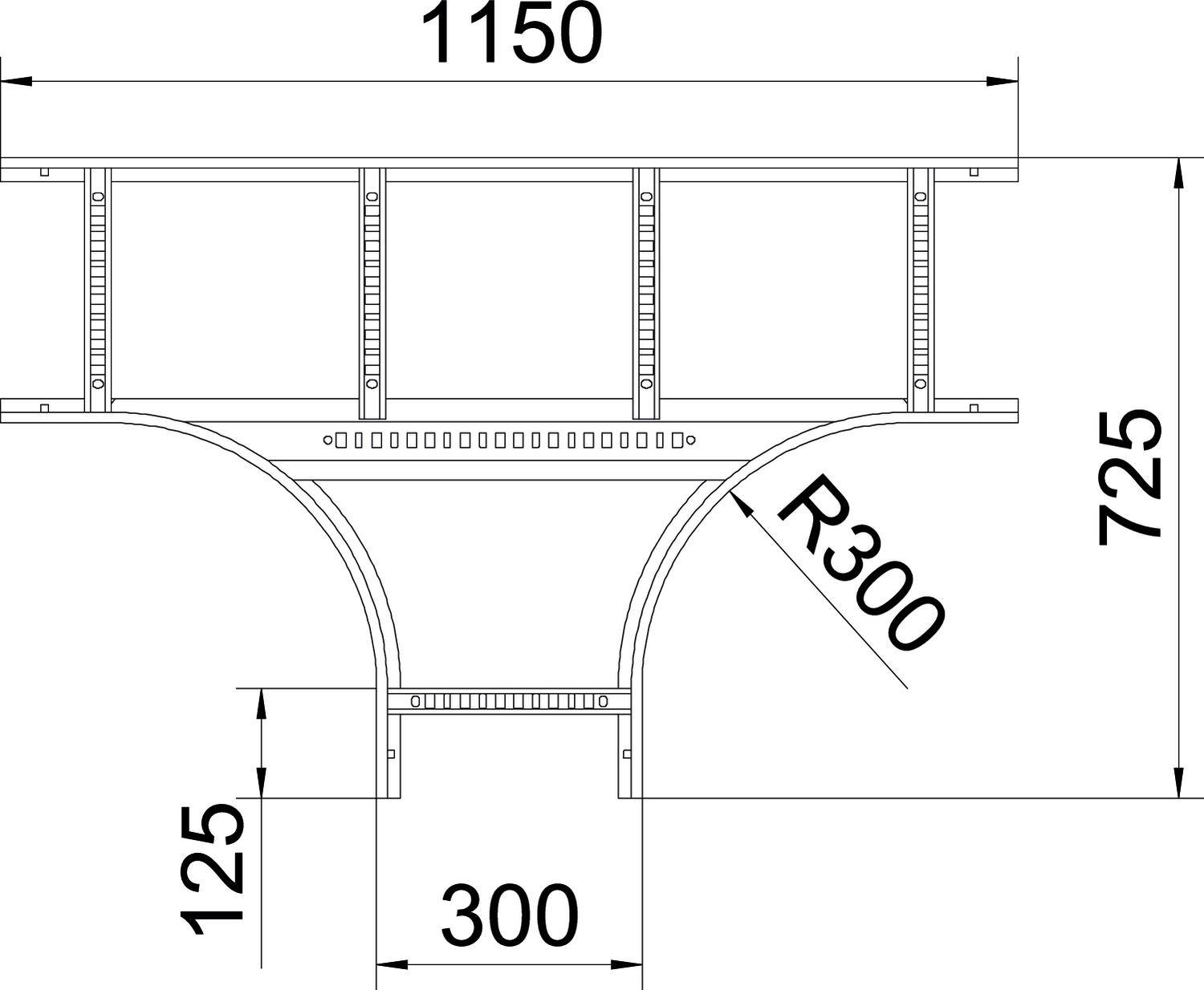 Technische Zeichnung eines Kabelträgersystems mit Maßen: Breite 1150 mm, Höhe 725 mm, Kurvenradius R300, Tiefe 300 mm.